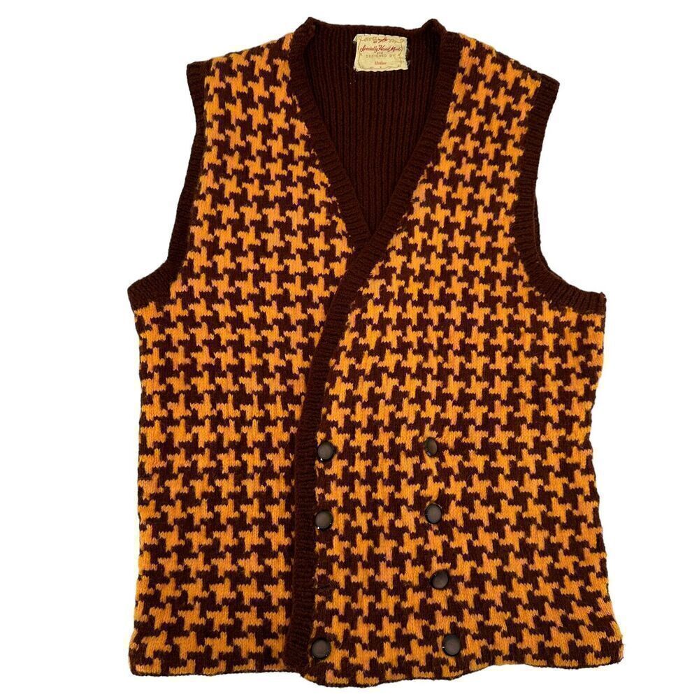 Handmade by Mother 70s Sweater Vest Houndstooth Yellow Brown Size S Disco Preppy